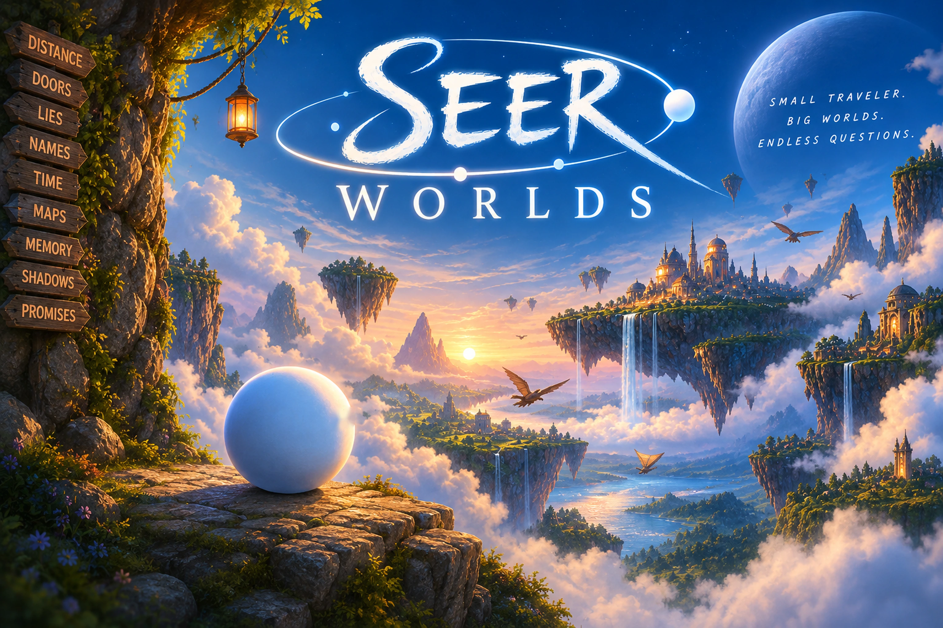 Seer Worlds fantasy landscape with the featureless Dot and signs for Distance, Doors, Lies, Names, Time, Maps, Memory, Shadows, and Promises